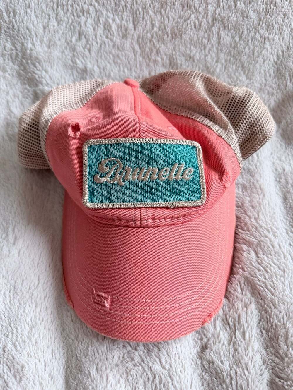 Judith March Distressed Brunette Patch Trucker Hat